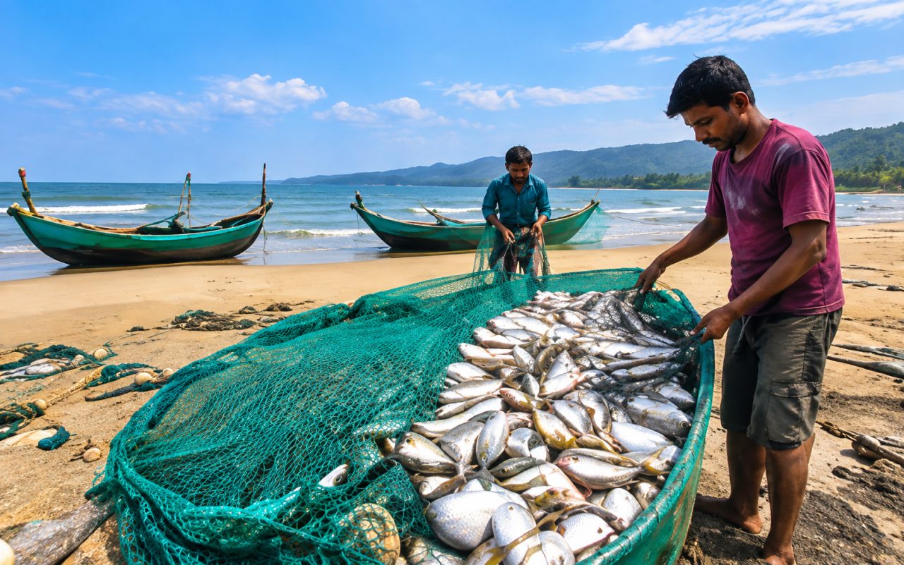 Fishers sorting a catch beside their boats on a Bangladesh beach